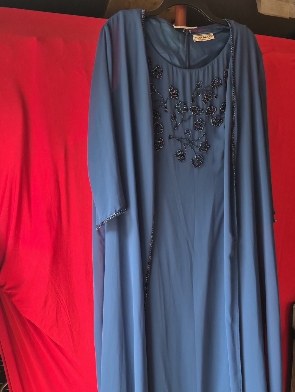 Jean DeLys Blue Sequin Beaded  Maxi Dress with  Matching Cape Size 10